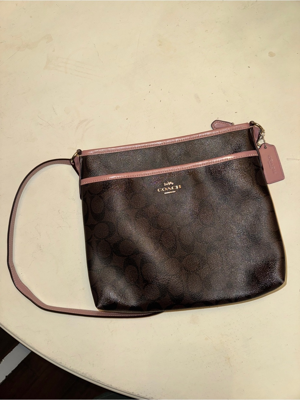 Coach Signature Brown Pink Trim Crossbody W/Adjustable Strap (Model F29210)